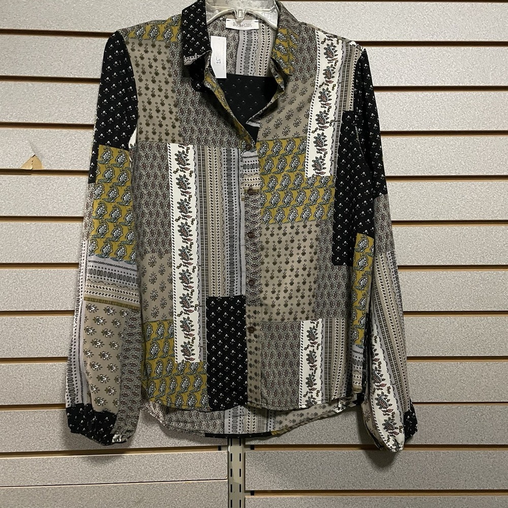 NWTs Boutique Bucket list Long Sleeve‎ Top Shirt Small Patchwork Paisley USA